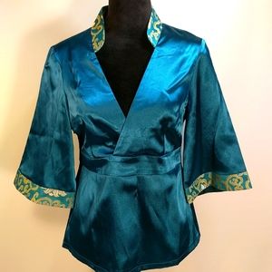 Blue Satin Asian Inspired Kimono Top Size M